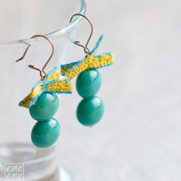 Turquoise Czech glass Earrings - Turquoise Czech glass beads and yellow ribbon bow - drop earrings - dangle earring - chandelier