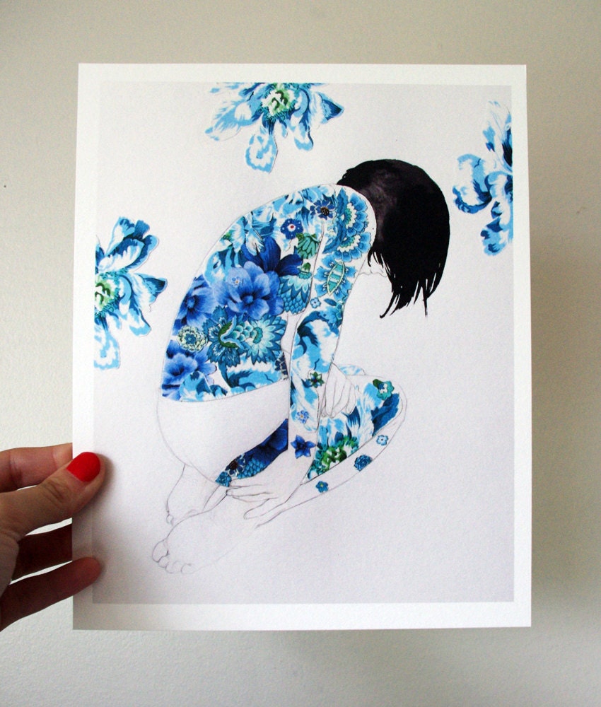 Art Print - 8x10 - Blue Backpiece - pencil ink and fabric drawing collage - girl and flowers