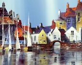 giclee art print of a colorful harbor town
