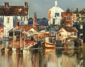 giclee art print of a colorful harbor town