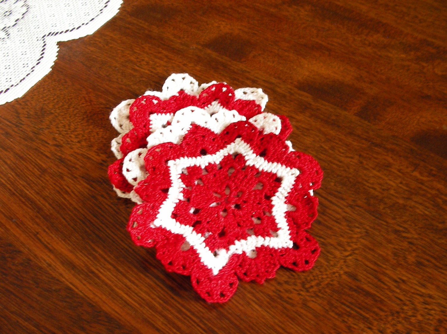 Handmade Set of 4 Coasters, Red and White