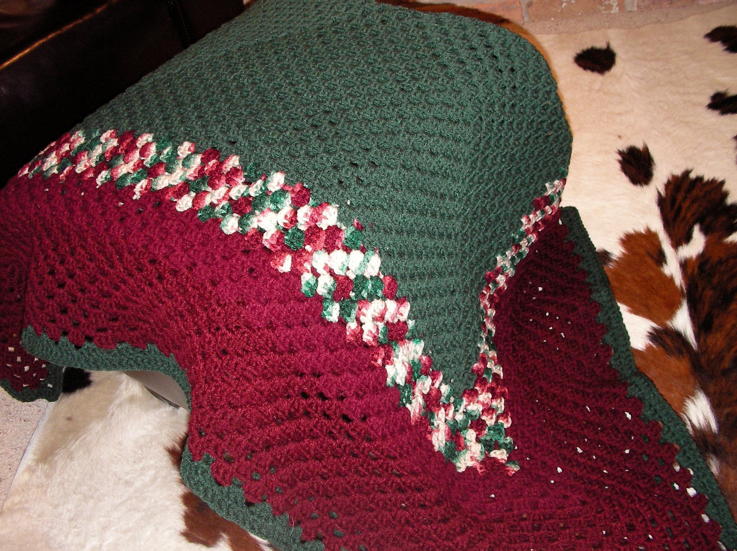 Burgundy and Deep Green Handmade Afghan