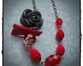 Purple Rose Necklace with Red Czech Glass on Vintage Chain