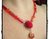 Red and Orange Dahlia Necklace with Decorative Toggle Clasp