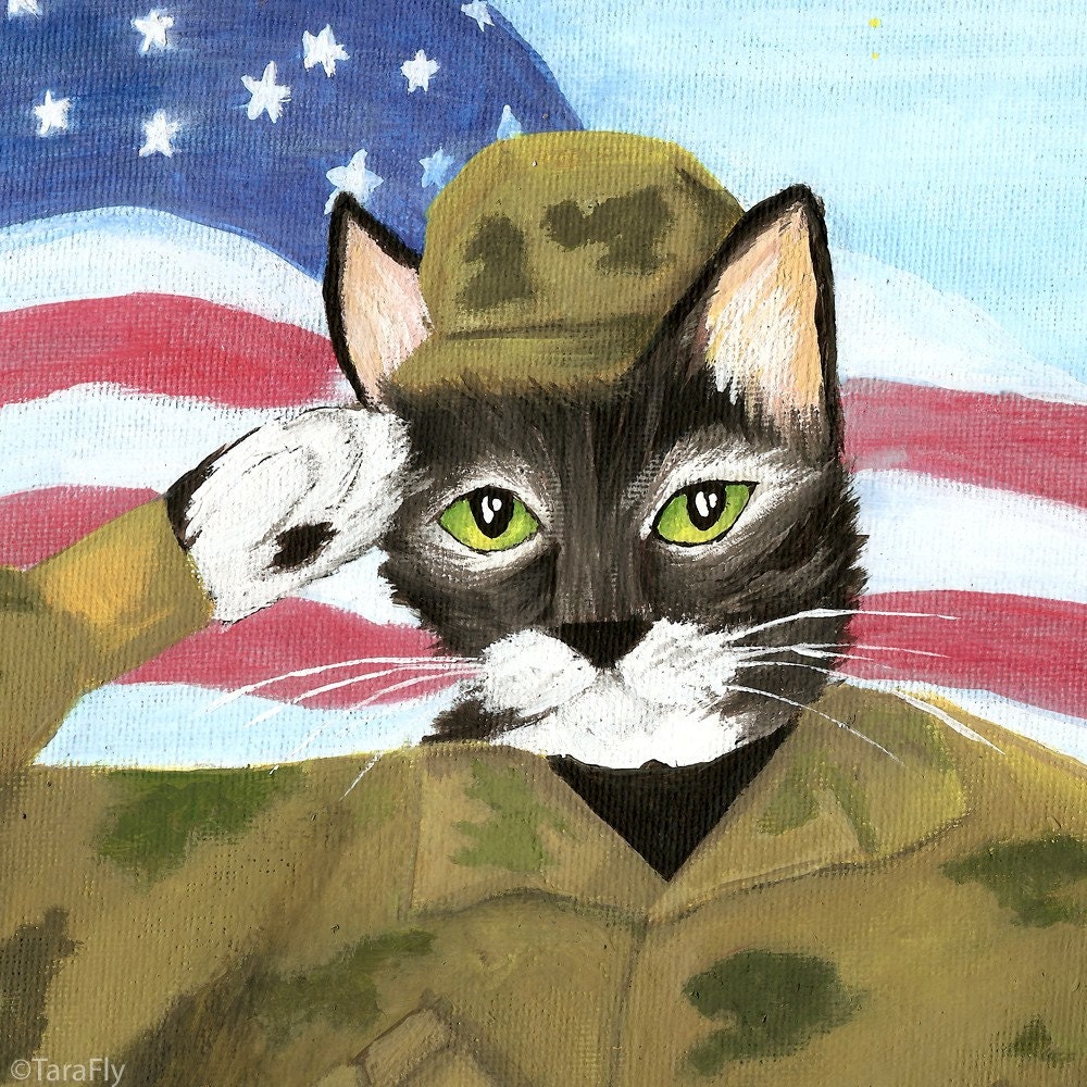 Cat Art, US Soldier Cat in Military Uniform Saluting Flag, Custom Dogtags 8x10 Art Print