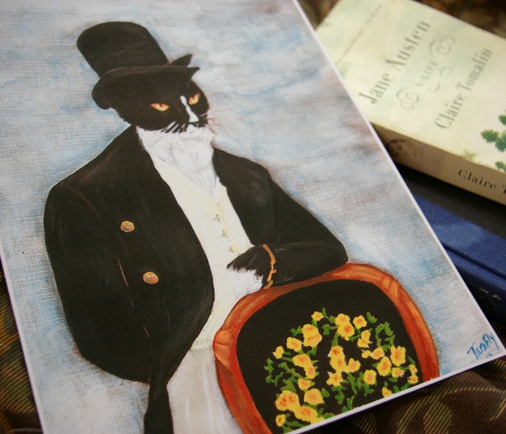 Tuxedo Cat Art, Mr Darcy Cat Gentleman Wearing Coat and Top Hat 8x10 Art Print