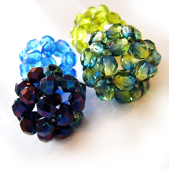 4 Pentagonal Bohemian Faceted Glass Beads in green , blue and black