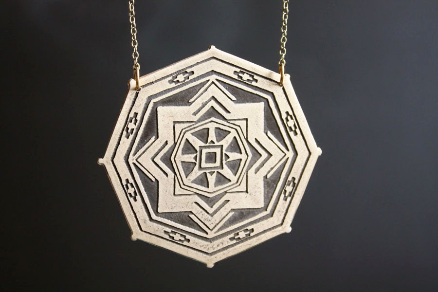 Hypnotized - Geometric Etched Brass God's Eye Necklace with Native Inspired Patterns
