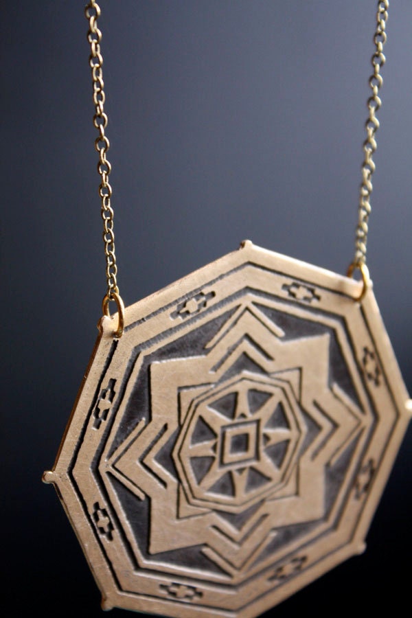 Hypnotized - Geometric Etched Brass God's Eye Necklace with Native Inspired Patterns