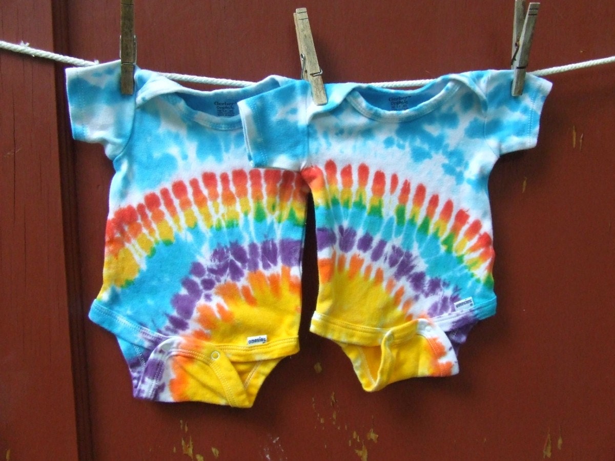 Tie Dye Baby Onesies - Twin Set of 2 - Rainbow Sunshine - newborn, 6m, 12m, 18m, 24m - Made to Order