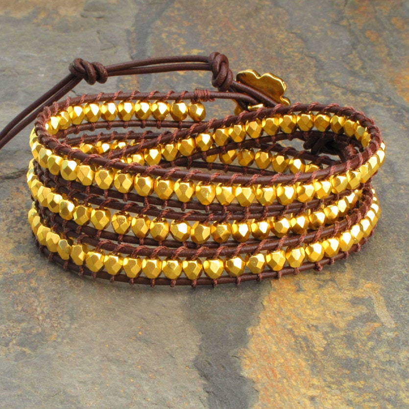 Gold Czech Glass Leather Triple Wrap Bracelet - Golden Nuggets