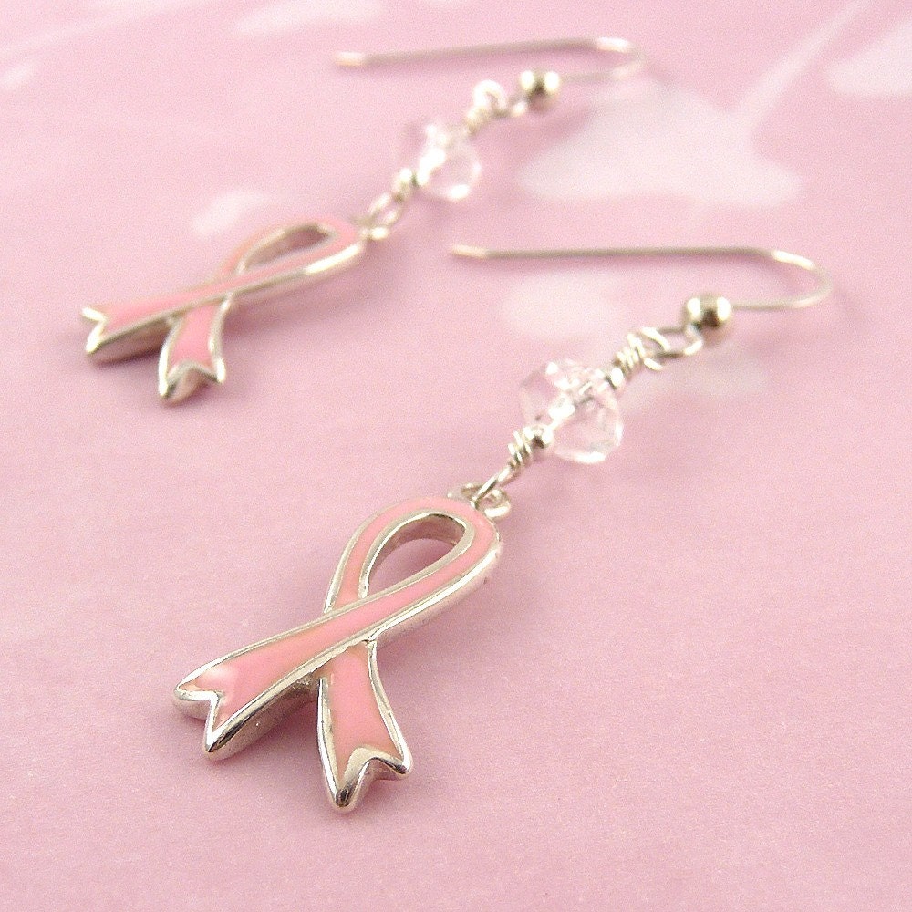 Think Pink II breast cancer awareness earrings, sterling silver, enamel, and quartz