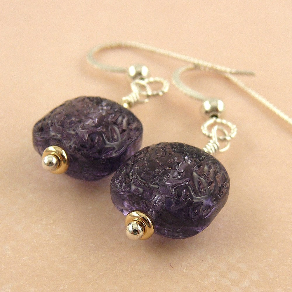 For The Love Of Purple - Purple earrings, sterling silver, textured glass, and gold filled