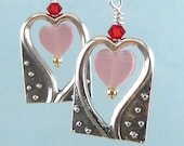 Hearts Within Hearts - Heart earrings, sterling silver, pink glass, red Swarovski crystals, and gold filled