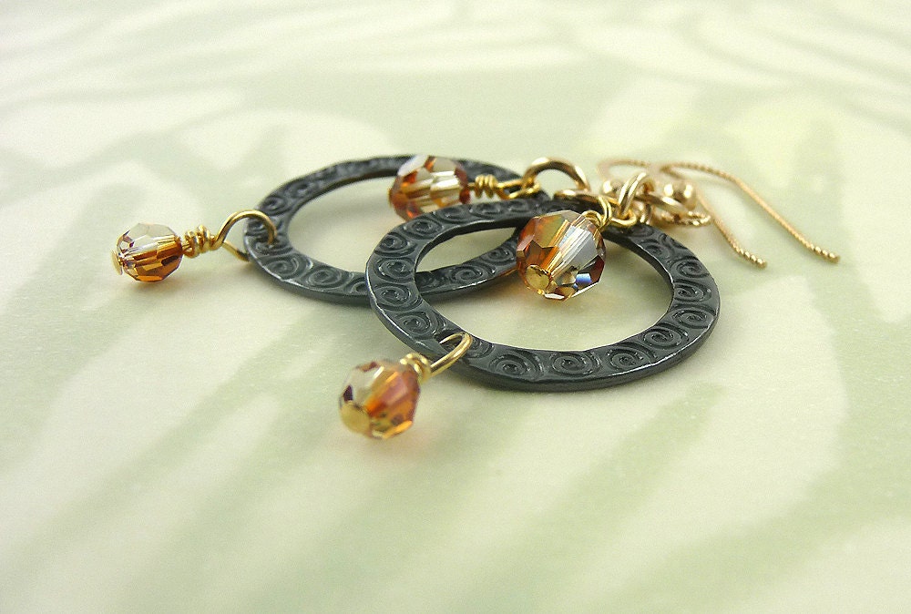 Samarkand earrings, gold filled, exotic copper shade Swarovski crystals, spirals, gunmetal circles