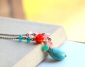 Turquoise and coral long necklace in antique gold chain