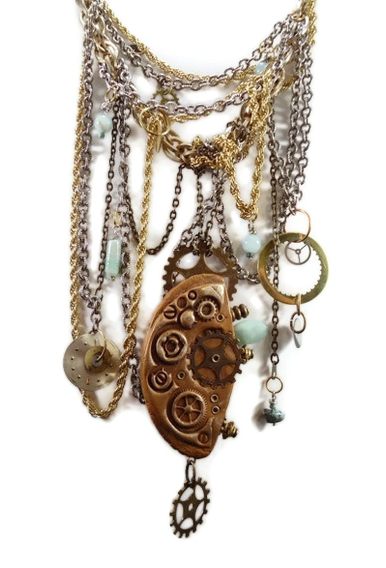 Steampunk Assemblage Bib Necklace - Chained in Time - InVintageHeaven