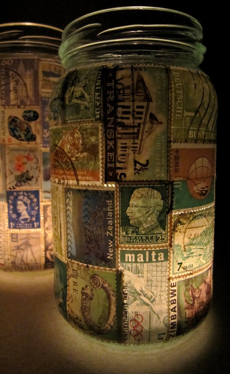 Stamp Lamp - upcycled glass jar tealight candle holder OOAK - green