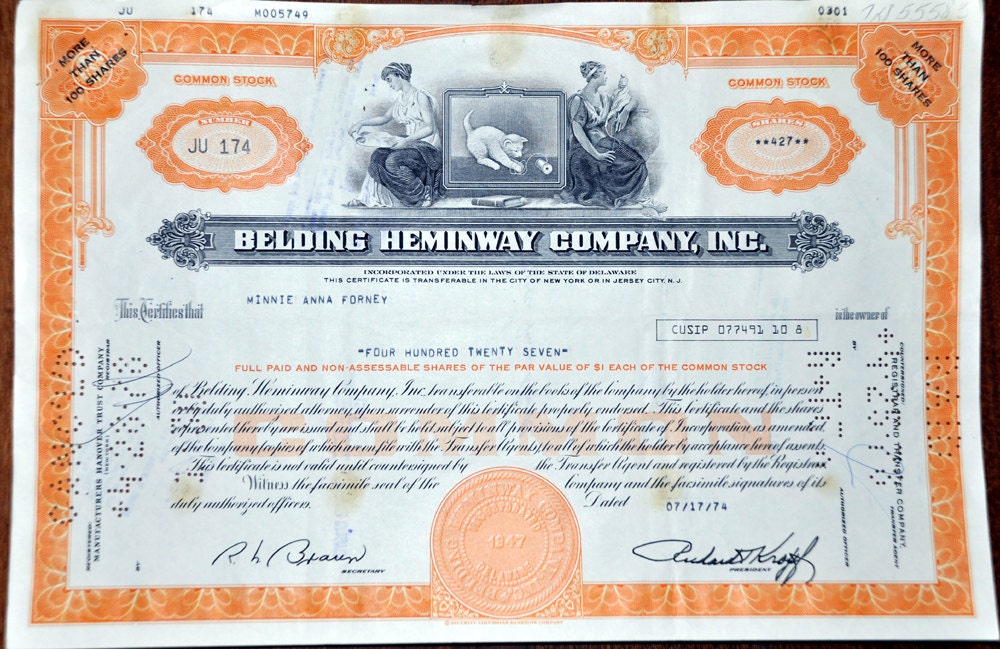 Belding Heminway Company Stock Certificate...427 shares