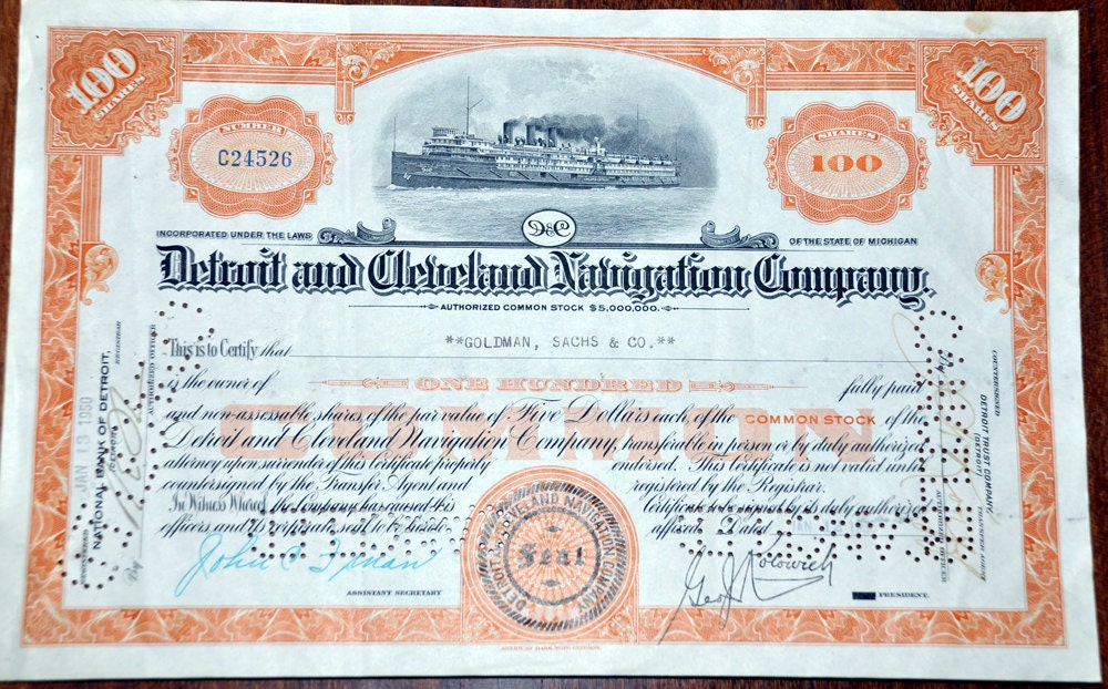 Detriot and Cleavland Navigation Company  Stock certificate  100 Shares