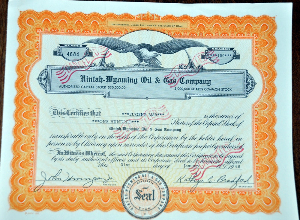 Uintah - Wyoming Oil and Gas Company Stock Certificate  100 Shares