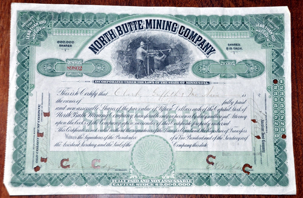 North Butte Mining  Company Stock Certificate  10 Shares (Dated 1914)