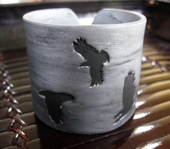 Huge Weekend SALE Silver Cuff Bracelet, Black Crow Bird Design, Handmade Jewelry by theshagbag on Etsy