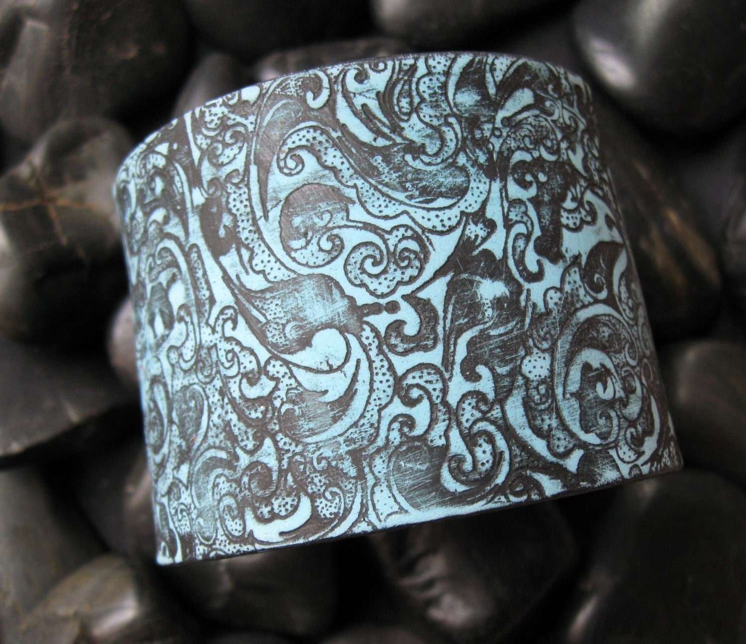 Turquoise Blue Cuff Bracelet Asian Ornate Black Design, Handmade jewelry by theshagbag on Etsy