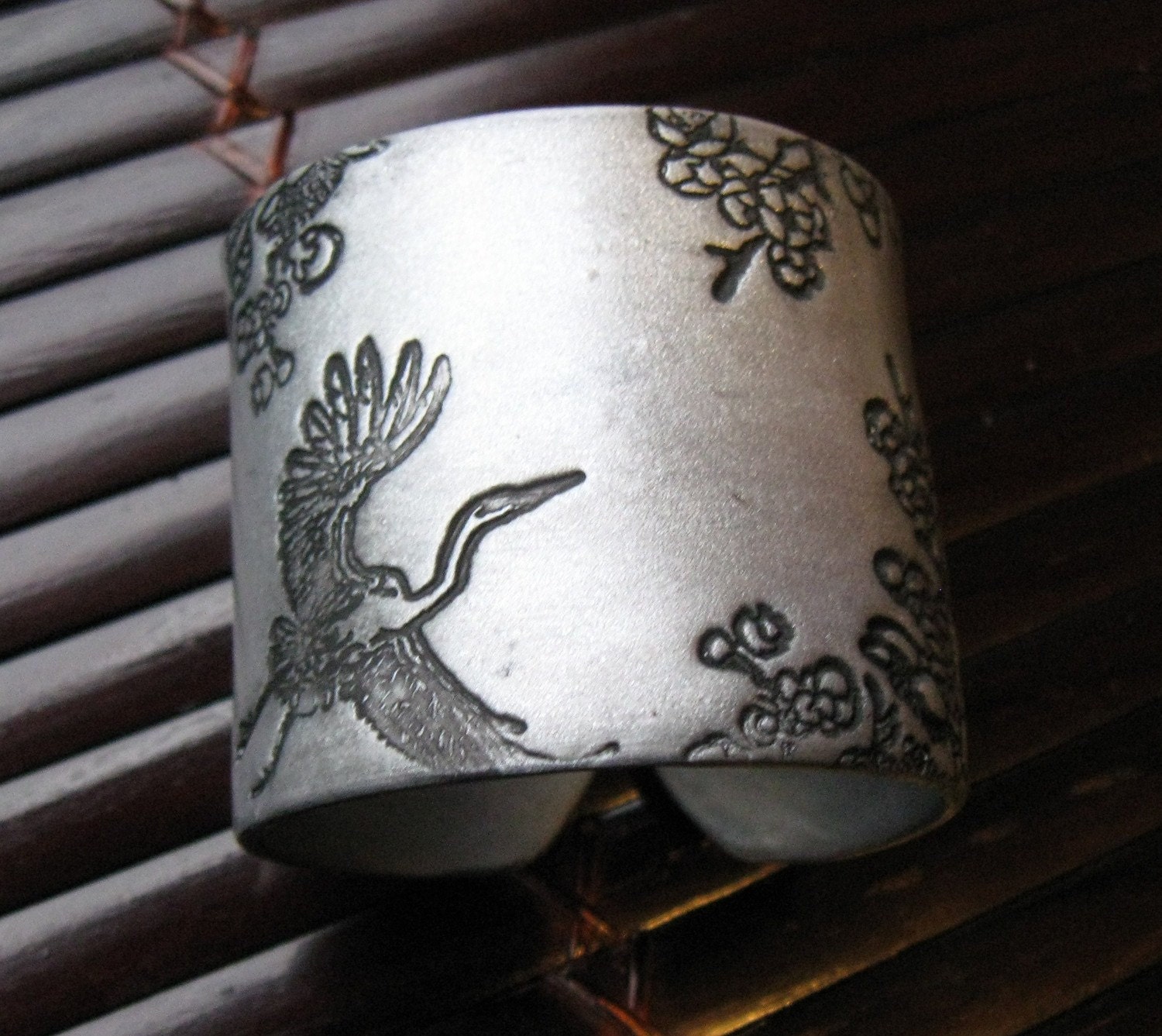 Soaring Asian Crane and Floral Silver Cuff Bracelet, Handmade Jewelry by theshagbag on Etsy