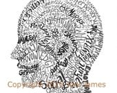 Psychology Art Word Art Typography Calligram, Human Mind or Geek Brain Art Illustration or Calligraphy, Brain Drawing Art Print