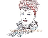 Lucille Ball Portrait, Lucille Ball Art Calligram Drawing, I Love Lucy art Typography Drawing, Lucille Ball Word Art