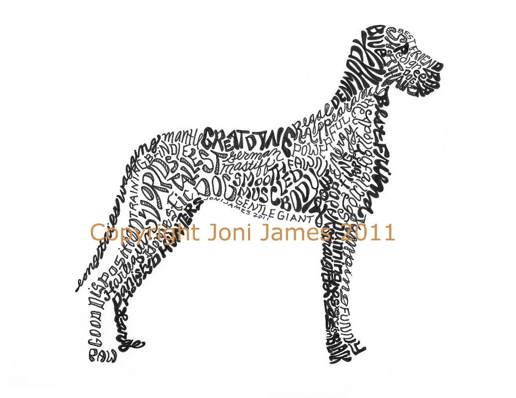 Great Dane Dog Art or Word Art Dog Illustration, Great Dane Art Print Typography Calligram or Calligraphy Drawing, Animal Calligrams