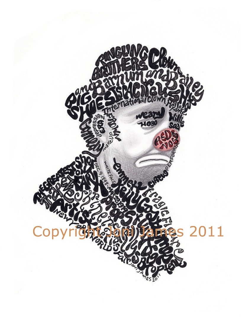 Circus Clown Emmett Kelly Word Art Typography Calligram, Circus Art Illustration, Sad Clown Art Drawing Circus Illustration