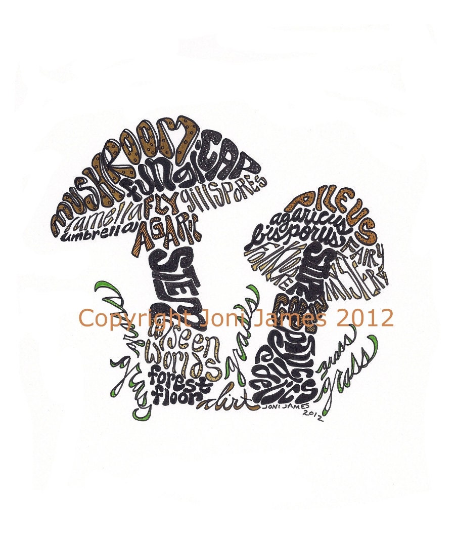 Forest Mushrooms Word Art Calligram Drawing, Mushroom Art Typography, Nature Art Calligraphy Pen and Ink Drawing