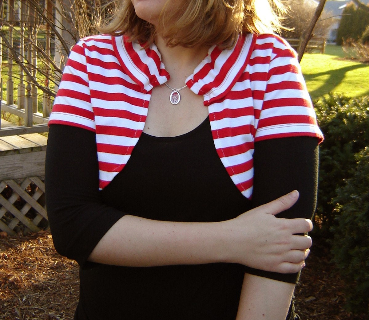 Repurposed Cotton Shrug with Collar - Peppermint Stripe, Extra Large