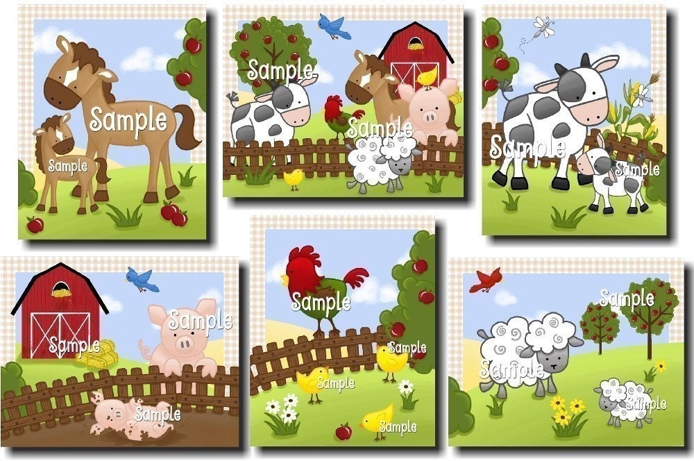 Set of 6 Farm Animal Baby Nursery Childrens Bedroom Wall 8x10 ART PRINTS