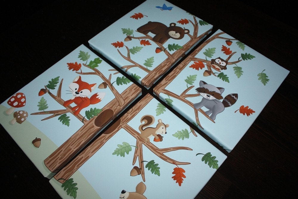 Set of 4 Woodland Friends Forest Animals on 8x10 Stretched Canvases Kids Bedroom Baby Nursery CANVAS Wall Art