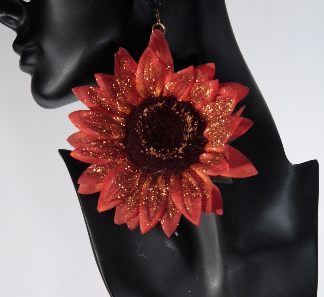 Large orange glitter sunflower earrings