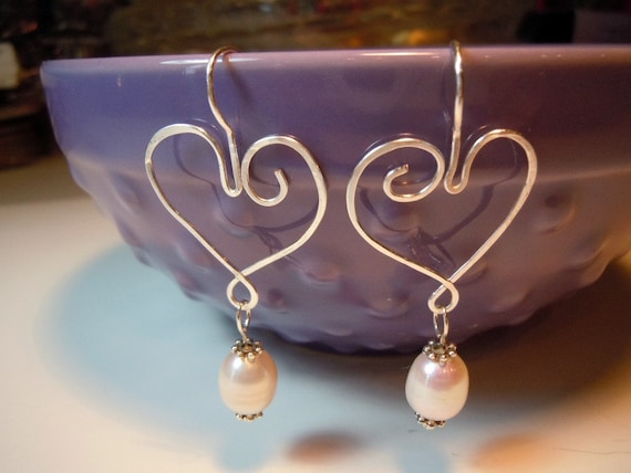 Wire Wrapped Hearts  With Freshwater Pearls Earrings by Debbie Renee