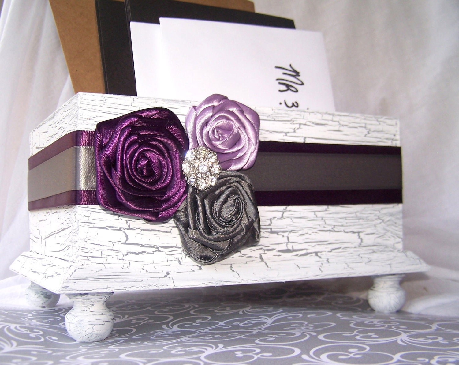 Wedding Card BOX - Wooden White Shabby Chic Box, Dark Plum/purple, Lilac and Gray, Custom colors available