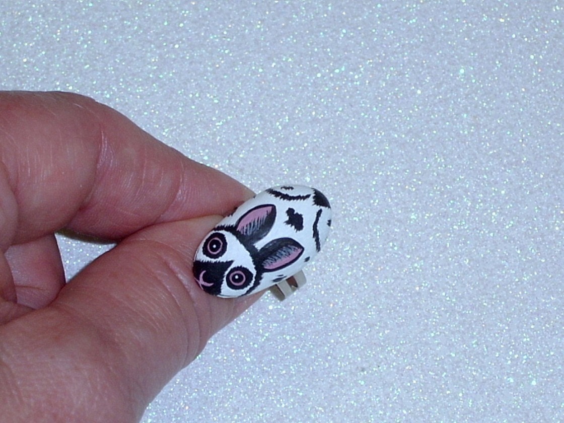 Bunny Rock Ring, Adjustable, Miniature Rabbit, gift for her, Moms Day, Wildlife, Jewelry, hand painted rocks, by Rockartiste
