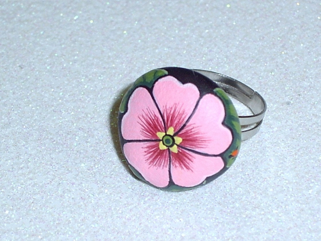 Pink, Primrose Blossom, Adjustable Rock Ring, botanical, spring statement jewelry, Mothers Day, gift for her, hand painted rocks Rockartiste