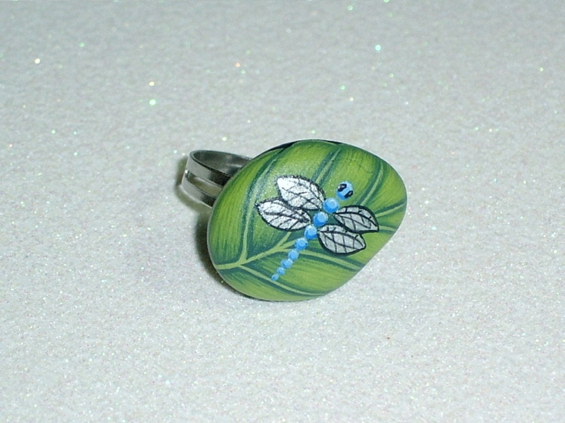 Blue, Dragonfly, Rock, Ring, Adjustable, botanic, costume, jewelry, spring, Mothers Day, gift for her, hand painted rocks by Rockartiste