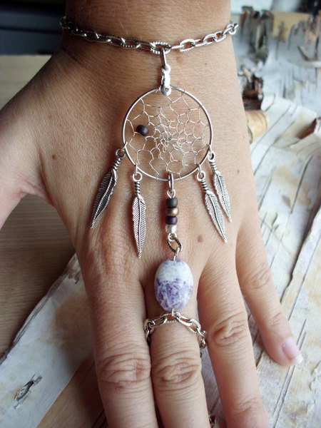 Purple Bohemian Dreamcatcher Slave Bracelet Boho Hippie Stone Tribal Gypsy Silver Purple Twilight Dream Catcher Native American Inspired