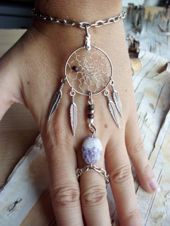 Purple Bohemian Dreamcatcher Slave Bracelet Boho Hippie Stone Tribal Gypsy Silver Purple Twilight Dream Catcher Native American Inspired