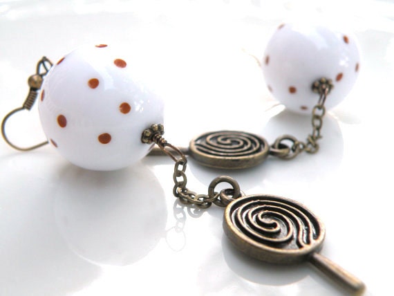 Sale 40% Off - Vintage Polka Dot Lollipop Earrings, Vintage Brass, Red, White, Handmade Earrings