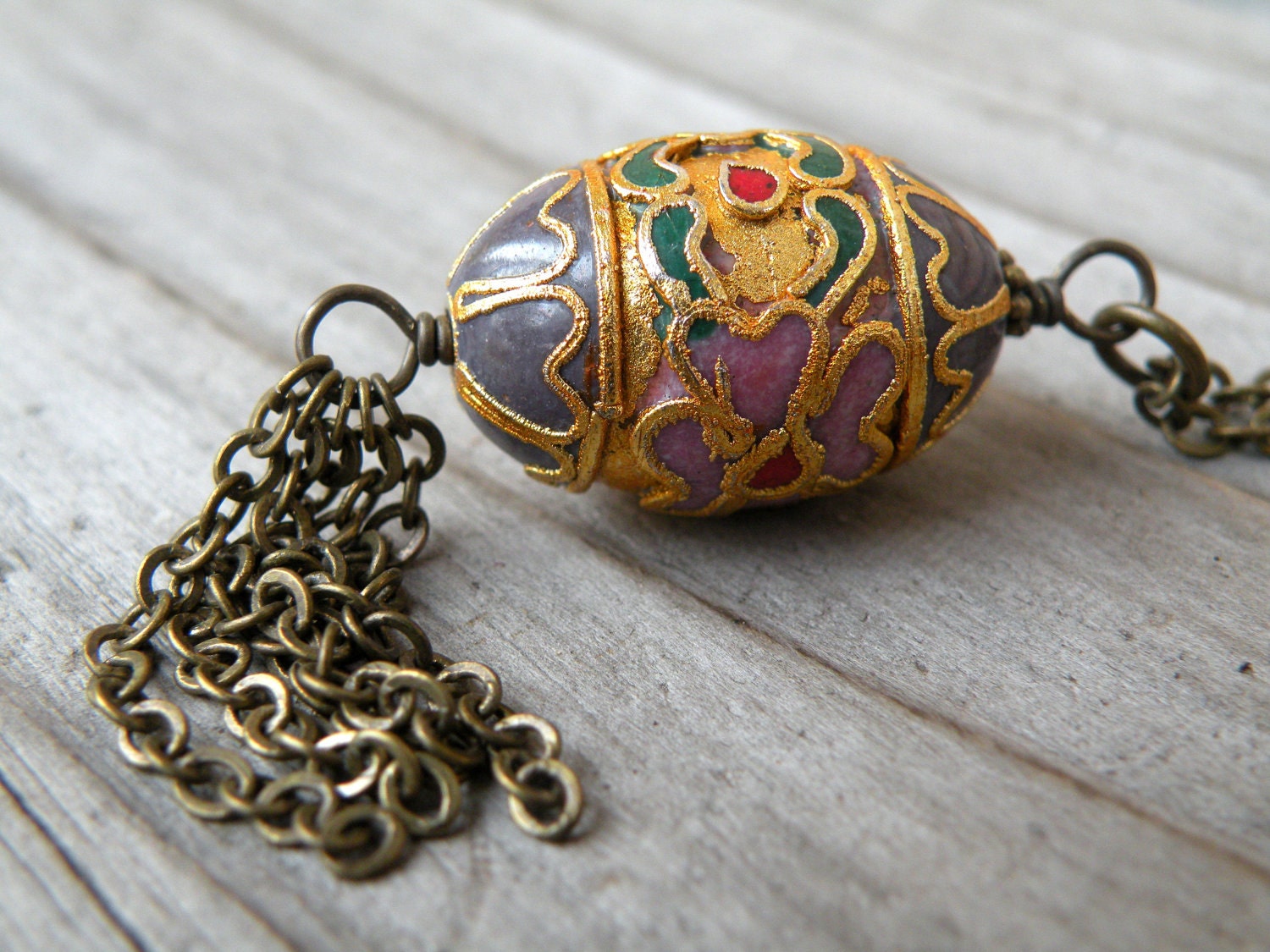 Cloisonne Egg Necklace, Vintage Cloisonne, Egg, Tassle, Vintage Brass
