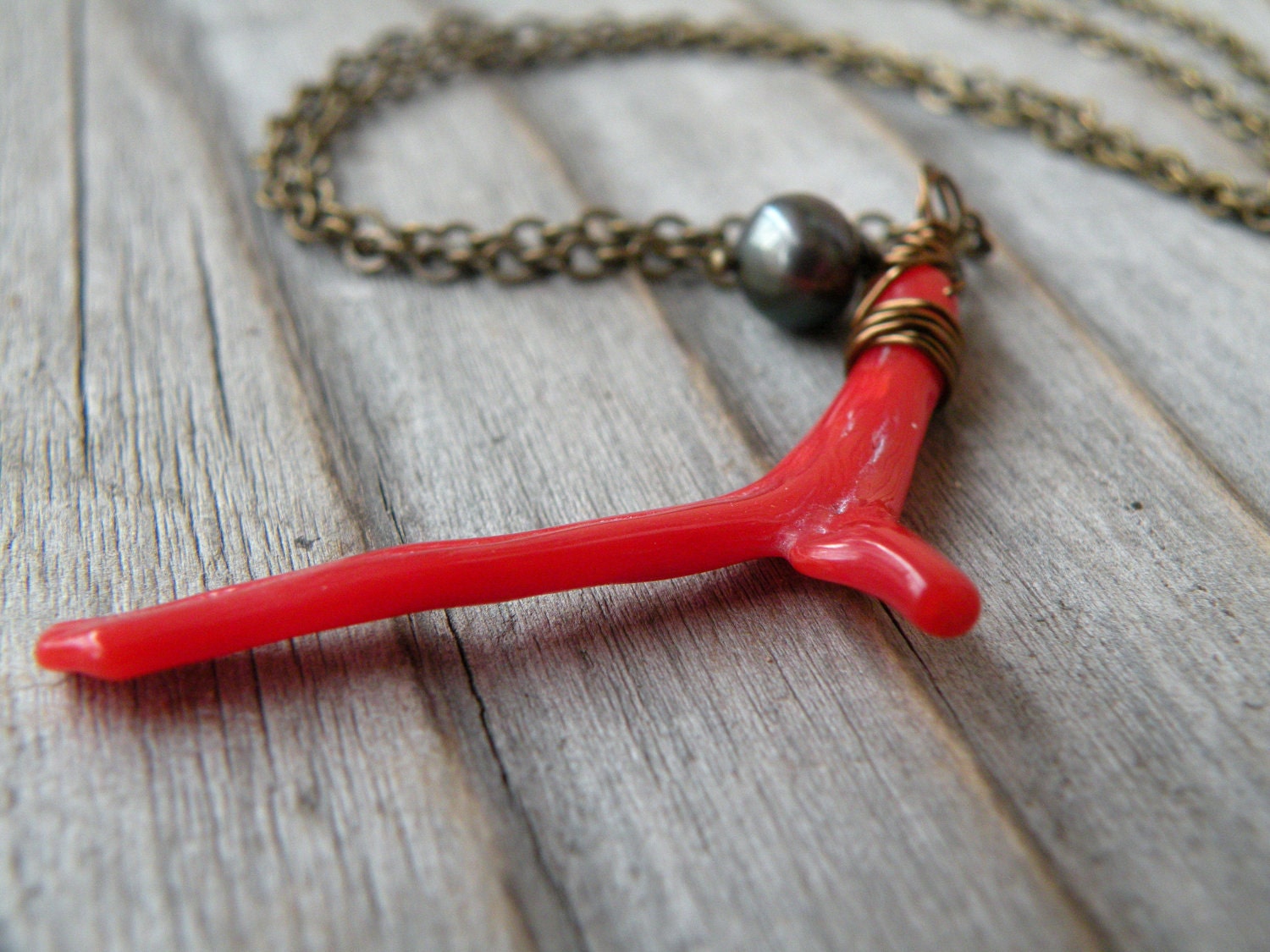 Coral Necklace, Coral, Black Pearl,Wishbone, Vintage Brass