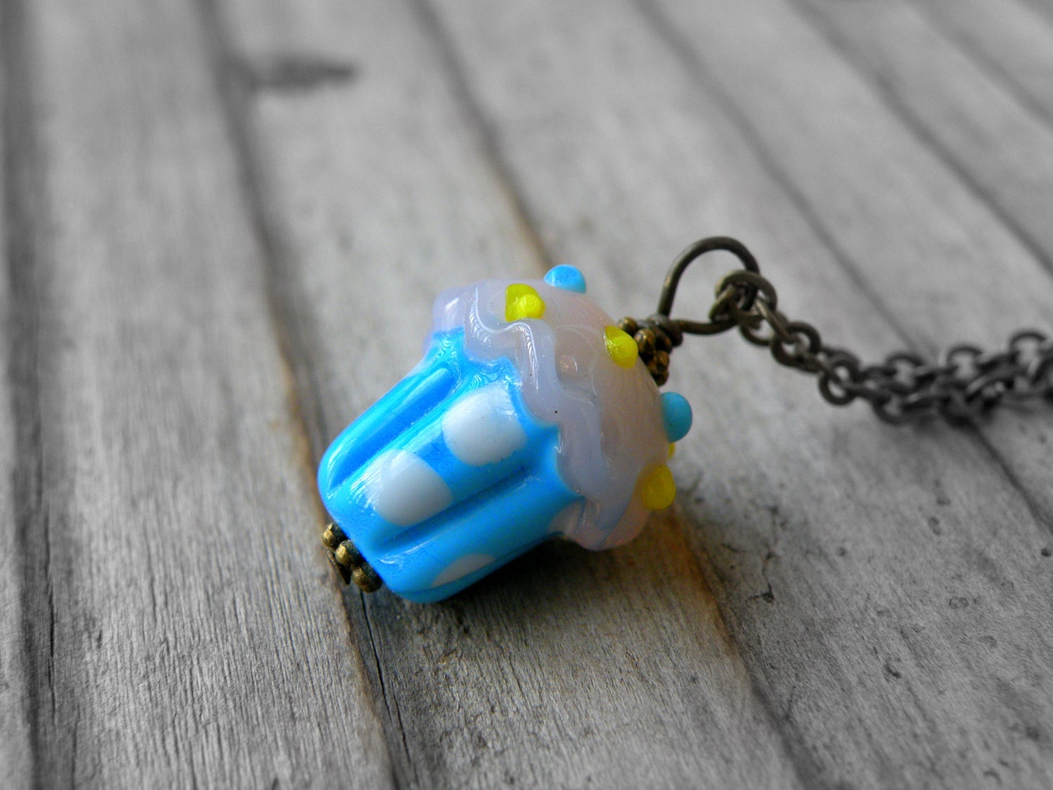 Cupcake Necklace,Polka Dots, Food Inspired Jewelry,Vintage Brass Handmade Necklace