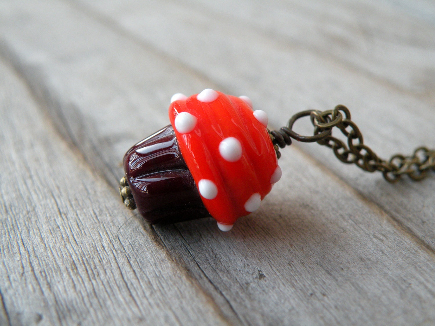 Cupcake Necklace,Polka Dots, Food Inspired Jewelry,Vintage Brass Handmade Necklace